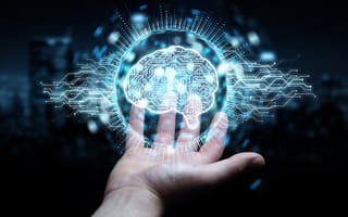 A graphic of a hand holding a digital brain
