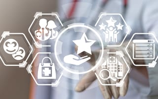 A doctor in a white coat interacts with holographic icons: healthcare, checklist, star, people, search, theater mask and a medical bag.