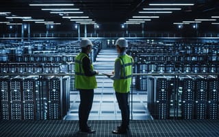 Two people in hard hats and reflective vests stand on a platform overlooking a vast, illuminated data center filled with rows of server racks.