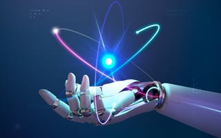 A robotic hand is extended with colorful light trails swirling around a glowing blue orb, set against a dark blue background.