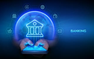 Hands hold a glowing smartphone projecting a digital bank icon.