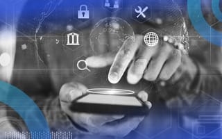 Person entering a fintech app with icons