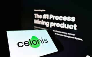 A smartphone displays the Celonis logo with a green icon, set against a blurred background reading "The #1 Process Mining product."