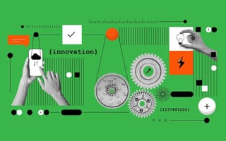 A collage of cogs, hands and technology arranged on top of a green background