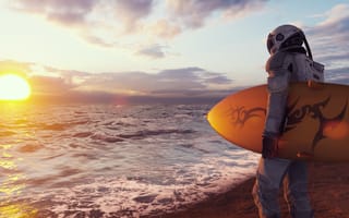 A person in a futuristic space suit stands on a beach at sunset, holding a bright orange surfboard with tribal-style designs, gazing out over the ocean waves.