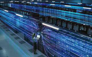 A worker in a data warehouse is pictured.