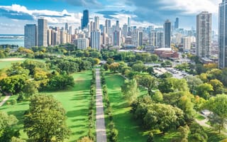 An overhead view of a park and the Chicago skyline.