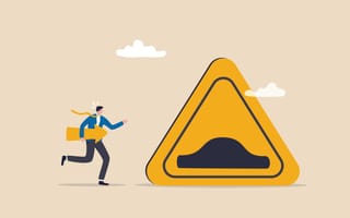 Illustration of a man running with an arrow toward a large triangular caution sign