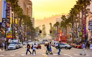 Hollywood Boulevard in Los Angeles at dusk.