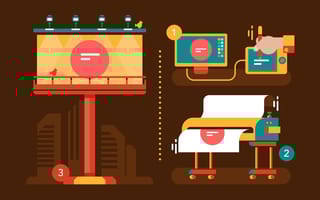 Cartoon billboard, printer and monitor in yellow, orange and teal in front of a chocolate brown background.