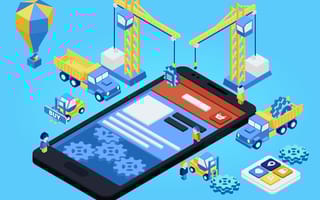 Graphic of tiny yellow construction vehicles working on a giant phone on a bright sky blue background.