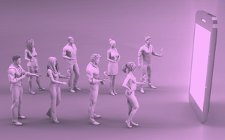 An image of cartoon figures walking toward a giant phone with dollar signs in their hands three-ways-generate-app-revenue