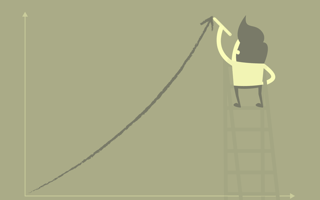 A yellow-toned image of a cartoon figure on a ladder drawing a line in an upward motion. /founders-entrepreneurship/startup-to-scale-up-3-areas-success