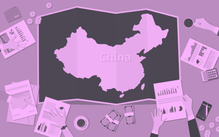 A purple-toned image of a map of China surrounded by business plans and currency startups-expanding-to-china