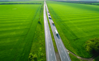 bird's-eye view of trucks on a road