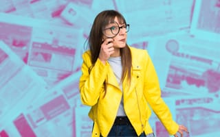 Person holding a magnifying glass, newspapers in the background, searching papers
