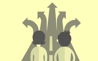 A yellow-toned image of two people looking at a road that splits into many different paths. customer-led-growth