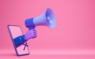 a hand with a rosary holding a megaphone coming out of a tablet
