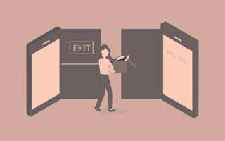 An orange-toned cartoon of a woman holding a box of belongings moving from one door, styled like a smartphone, labeled "exit" and toward one displaying "welcome" /remote-work/allowing-remote-work-is-not-enough-for-competitiveness