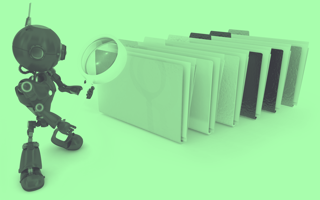 A green-toned image of a robot holding a magnifying glass up to a series of file folders. 5-depts-benefit-automation