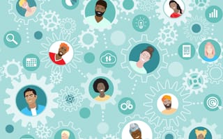 People and cogs on a turquoise background