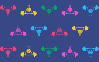 Pattern of a cartoon brain in different colors doing deadlifts, leadership training