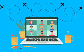 Illustration of a laptop with a grid of people, Outside Sales Illustration