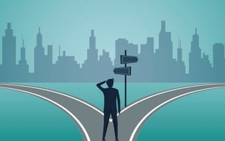 Illustration of person considering two paths.