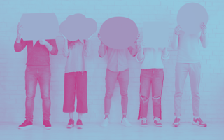 people holding up blank speech bubbles