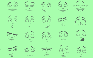 A green-toned image of many different cartoon-style facial expressions. /marketing/emotion-ai