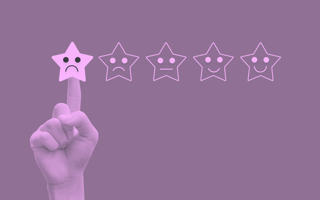 A purple-toned image of an array of five stars with frowning, ambivalent, and smiling faces drawn on them. A finger is pointing to the star on the left with the frowning face, highlighting it to signify one out of five stars in a review. 12-donts-negative