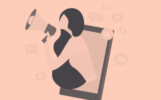 An orange-toned image of a cartoon woman with a megaphone. /marketing/influencer-marketing-campaigns