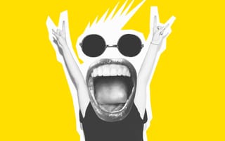 Collage-style photo of a happy face making rockstar hand signs.