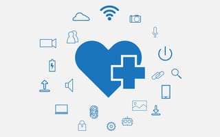 blue heart surrounded by tech icons