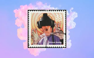 A stamp with a person using a VR headset, VR headset over cloud, future of gaming
