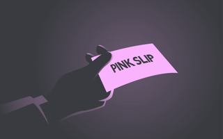 A yellow-toned image of a hand holding a piece of paper labeled "pink slip."