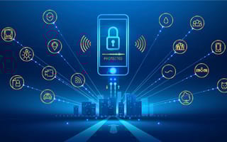 A city in blue light. A phone made of blue light projects above, with a big lock on the screen and the word PROTECTED underneath in yellow. Blue connecting lines connect to several gold bubbles with symbols inside indicating appliances and such.