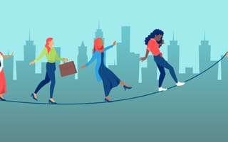 Illustration of four women walking along a tightrope held by hands on either side and a cityscape silhouette background