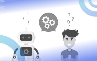 A cartoon of a robot and a human with a shared speech bubble indicating their conversation. /customer-success/conversational-ai