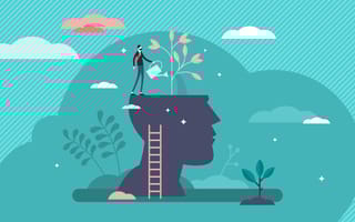 Illustrated vector of a man standing on top of a large silhouette of a head, watering the head where a plant is sprouting out of the top