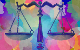A judicial scale against a collage of multicolored faces.
