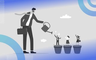 A cartoon of a large man using a watering can to "water" smaller people sitting on plant pots, a visual metaphor for nurturing growth. /tech-recruiter-resources/3-post-pandemic-recruiting-strategies