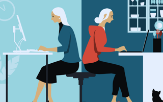 A symmetrical view of a person working in a hybrid office setting.