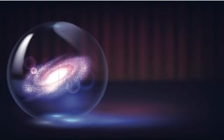 A crystal ball with a galaxy swirling inside it, resting on a table. A curtain is visible in the background.