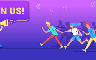 image of people running toward recruiter saying "join us"