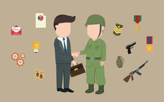 A businessman and a soldier shaking hands. Behind each of them is a collection of symbols relevant to their profession.