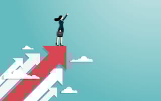 A woman rides an arrow upward into future career opportunities.