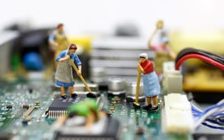 A cleaning team scrubs down tiny computer microchips.