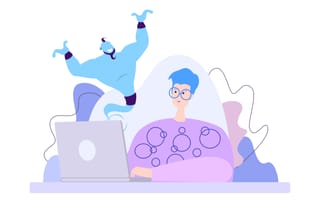 Illustration of a freelance employee working as a genie appearing from their laptop