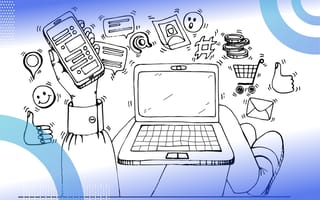 A sketched drawing of a laptop on someone's knees with a lot of symbols associated with social media surrounding it. 12-social-media-job-search-tips